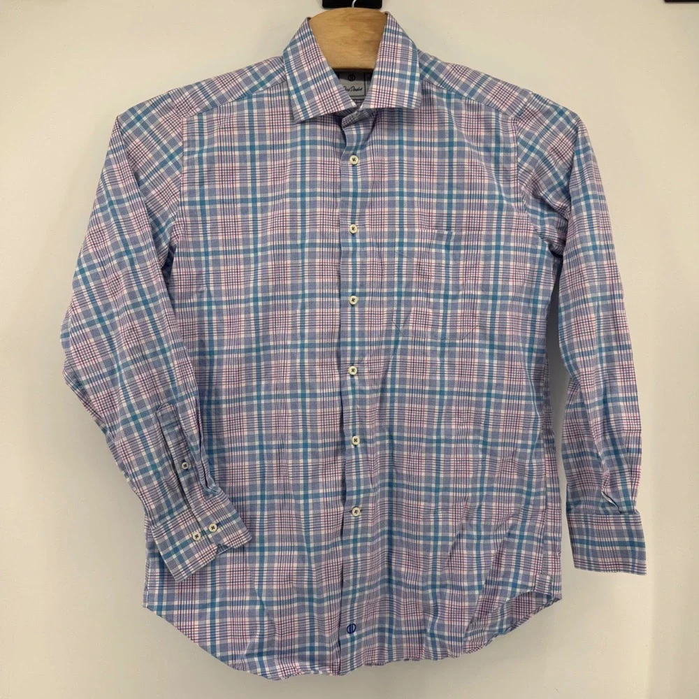 David Donahue Button Down Men L Blue Pink Plaid Cotton Long Sleeve Dress Shirt